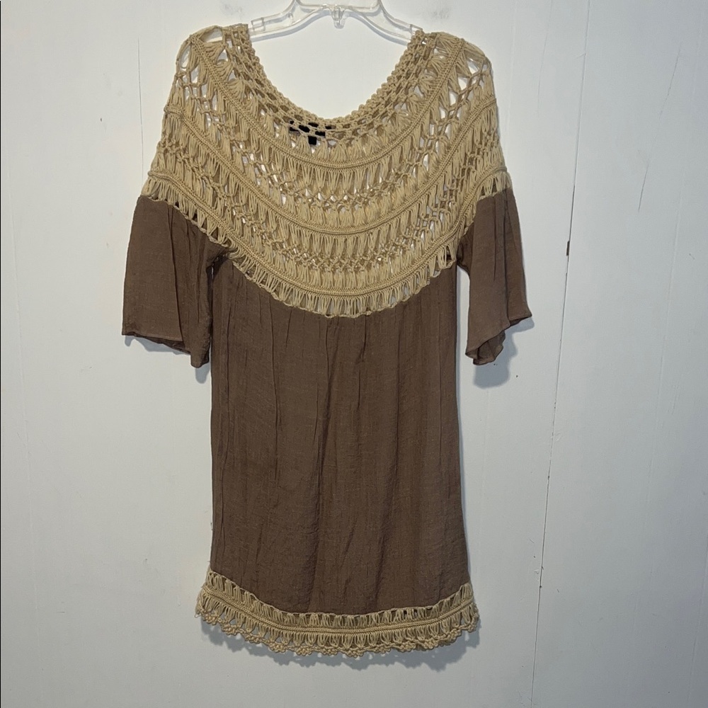Velzera Brown Tunic with Cream Crochet Trim Cover Up M